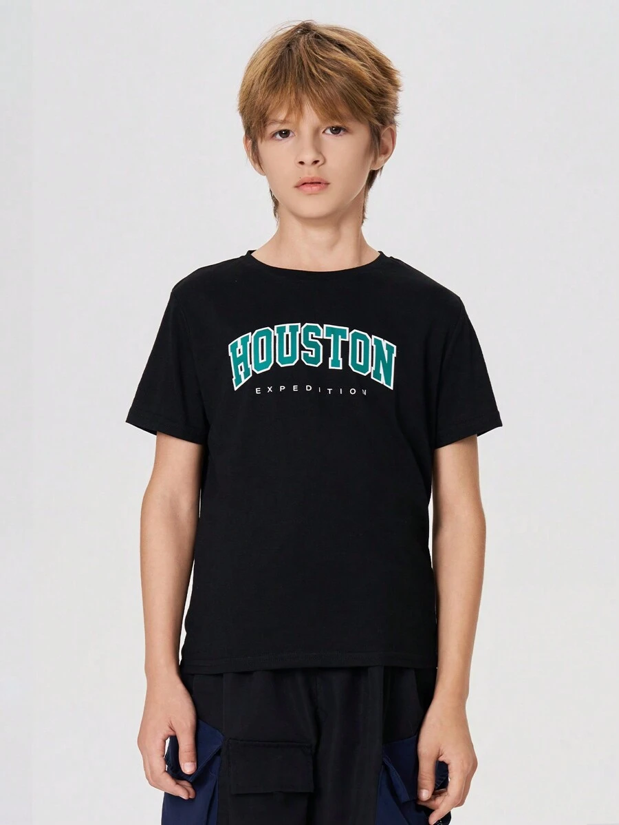 SHEIN Camiseta de manga caída con estampado de letras para niño preadolescente, uso casual diario de verano - Negro - Ver 1