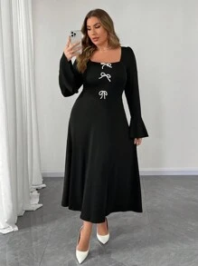 Flirla Đầm Maxi Tay Loe Cổ Vuông Thanh Lịch Ngọt Ngào Cho Nữ Cỡ Lớn Có Nơ Ngọc Trai Trang Phục Nữ - màu đen - Xem 4