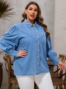 SHEIN LUNE Camisa vaquera casual de manga larga con un solo botonadura, de talla grande para mujer, otoño