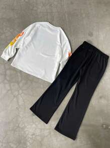 Manfinity Roghcode Men's Casual Slogan Print Round Neck Long Sleeve Sweatshirt And Sweatpants Set, Autumn - White - View 2