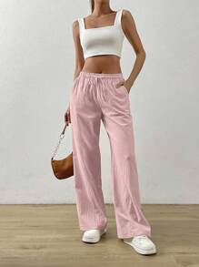 SHEIN EZwear Cotton Loose Straight Drawstring Waist Slant Pocket Pants