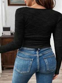 SHEIN LUNE Plus Size Autumn Casual Solid Color Square Neck Fitted Long Sleeve T-Shirt New Years Women Outfit Winter Dresses Winter Clothes Women Rave Outfits Thanksgiving Outfit Women