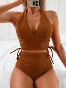 SHEIN Swim Conjunto de tankini con escote en V y halter con cordón para mujer, traje de baño separado color caqui para vacaciones en la playa en verano