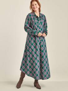 SHEIN Clasi Rochie de Crăciun cu mâneci lungi, cu nasturi în față, cu imprimeu în carouri, pentru femei de mărime mare - Multicolor - Vizualizare 1