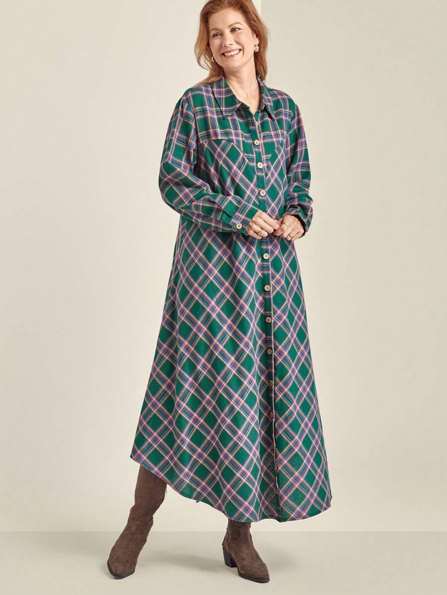 SHEIN Clasi Đầm dài tay in họa tiết kẻ caro Giáng sinh cỡ lớn cho nữ cài nút phía trước - Nhiều màu - Xem 1