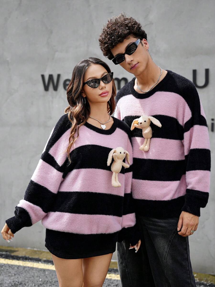 Manfinity VCAY Unisex Fluffy Striped Rabbit Bear Plush Oversized Drop Shoulder Crew Neck Pullover Sweater, For Fall Winter - Multicolor - View 1