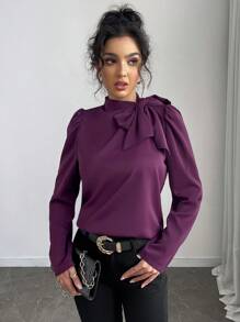 Selianne 1 chiếc áo cánh tay bồng cổ thắt nơ màu trơn thời trang dành cho nữ - Màu tím - Xem 4
