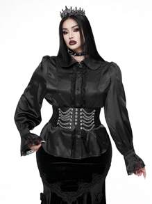 Whyspr 哥特朋克风格女式立领法式蕾丝边泡泡袖衬衫，黑色，收腰设计女式衬衫 - 黑色 - 查看 3