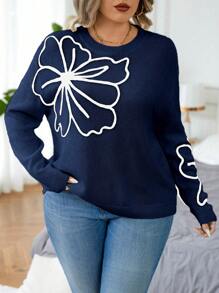 Calvaya 大码碎花图案圆领长袖简约休闲套头毛衣，适合冬季穿着，藏蓝色针织套头衫 - 藍色 - 查看 6