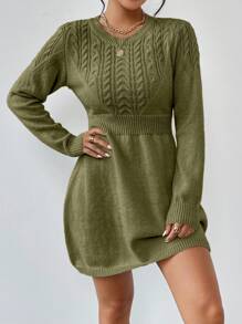Chiquease Crew Neck Twist Pattern Casual Versatile Long Sleeve Knit Sweater Dress