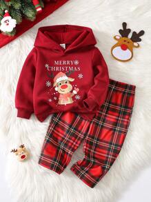 SHEIN 2 Stück/Set Baby Jungen/Mädchen Weihnachts Cartoon Rentier Kapuzenpullover & karierte Hose Set, Herbst/Winter - Verschiedenfarbig - Übersicht 1