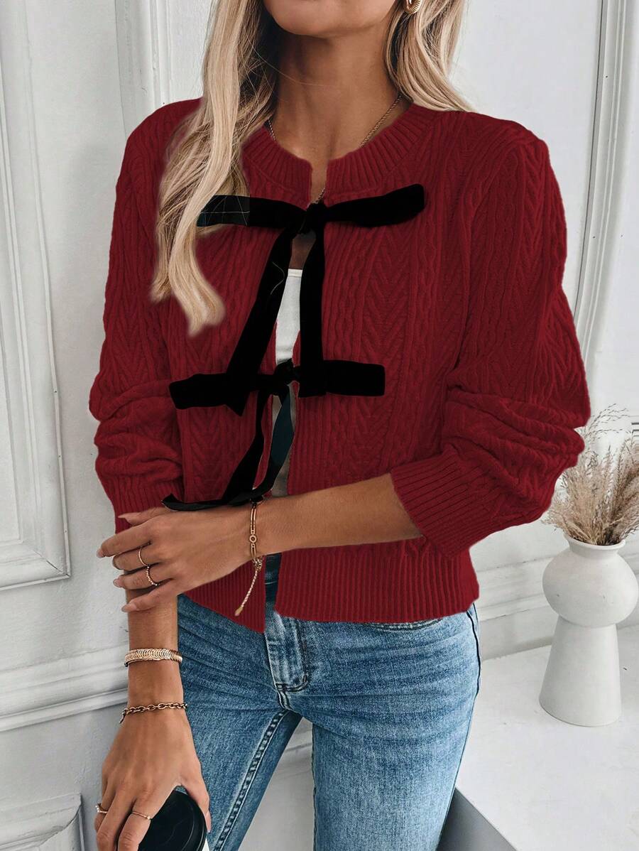 SHEIN Unity 女士休闲系带开衫,适合秋冬季 - 紅色 - 查看 1