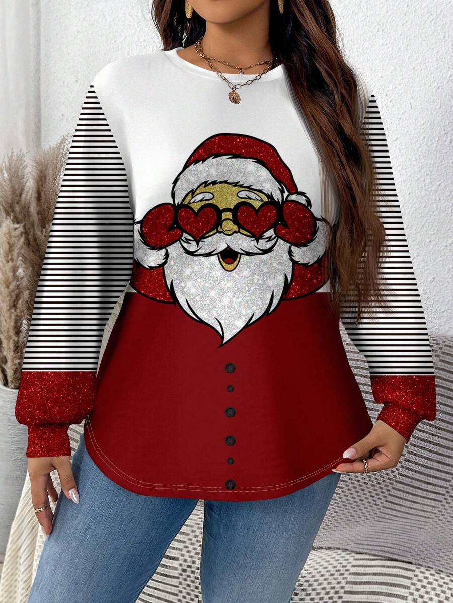 SHEIN LUNE Casual Minimalist Full Print Christmas Crew Neck Loose Fit Sweatshirt For Plus Size, Autumn/Winter