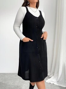 SHEIN Privé 大码优雅复古学院风 V 领无袖多层中长款太阳裙，可调节肩带，黑色灯芯绒，节日 - 黑色 - 查看 2