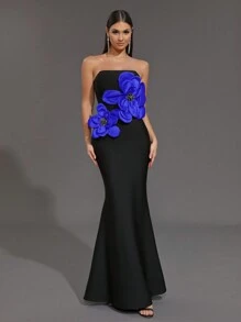Glamrae Elegantes schwarzes trägerlose Kleid mit hoher Taille, figurbetonter Meerjungfrauenform und Blumen Dekor, elastisches Bandagendesign, für Dates, Single-Partys, Hochzeiten, festliche Abendveranstaltungen - Verschiedenfarbig - Übersicht 1