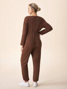 SHEIN Maternity Long Sleeve Jumpsuit With Drawstring And Bow Knitted Romper For Fall/Winter - Brown - View 3