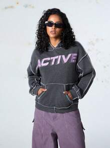 SHEIN Sports Farbblock Buchstaben Muster Thermisch gefütterte Sport Sweatshirt - Dunkelgrau - Übersicht 5