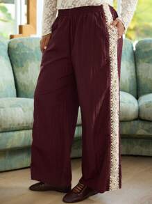 Aralina Curve Sporty Nylon With Lace Stripe Fashion Detail Mid Rise Wide Leg Pants