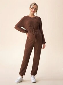 SHEIN Maternity Long Sleeve Jumpsuit With Drawstring And Bow Knitted Romper For Fall/Winter - Brown - View 7