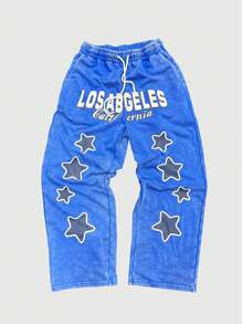 ROMWE MEN Prep Men's Autumn Letter & Pentagram Print Drawstring Hoodie And Pants Casual 2pcs Set - Blue - View 4