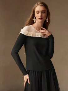 MOTF PREMIUM CONTRAST YOKE FAUX PEARL FRILL TRIM SLIM FIT TOP - Black - View 6