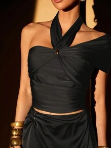 Lumalex Wedding Anniversary Spring Festival Party Season Valentine's Day Winter Thanksgiving New Years Thanksgiving Rave Festival Formal Prom New Years Eve Concert Party Banquet Asymmetrical Shoulder Ruched Metallic Decor Women Top - Black - View 8