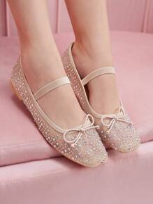 CUCCOO DOLLMOD Rhinestoned Net Mesh Mary Jane Flats For Women, Almond-Colored, Fashionable And Sweet For School/Students Spring Shoes Spring Break Easter