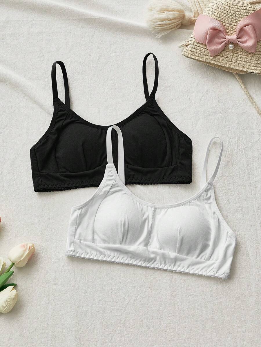 2pcs Teens Girl Casual Comfortable Black & White Shaping Wireless Bra, Supportive For Development - Multicolor - View 1