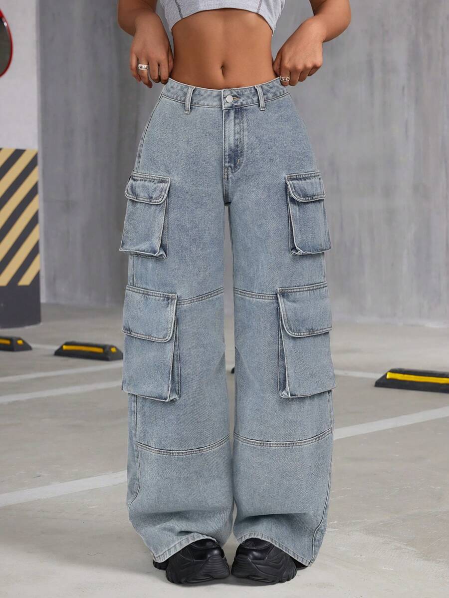 SHEIN Tall Quần Jeans Ống Loe Cổ Điển Thường Ngày Cho Nữ - Rửa nhẹ - Xem 1