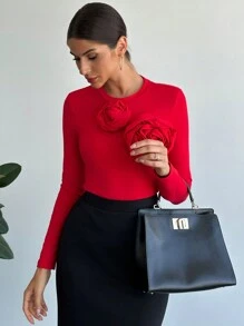 Firerie 2pcs/Set Women Solid Round Neck Long Sleeve Top With Floral Decor And Pencil Skirt