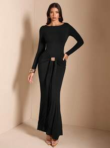 SHEIN BAE Robe midi moulante à col rond, manches longues, plissée et à ourlet ras-du-sol, marron unicolore. Convient pour les cocktails, les rendez-vous romantiques, les sous-vêtements d'automne/hiver, les fêtes, les événements formels, les demoiselles d'honneur, les sorties de nuit, Halloween, Noël - Noir - Voir 6