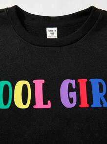 SHEIN Tween Girls' Casual Sporty Knit Crew Neck Sweatshirt Set - Black - View 4