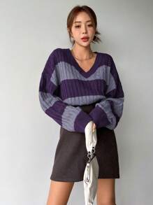 DAZY 女士休闲拼接色块条纹麻花针织落肩宽松套头衫，秋季服装 - 紫色 - 查看 5