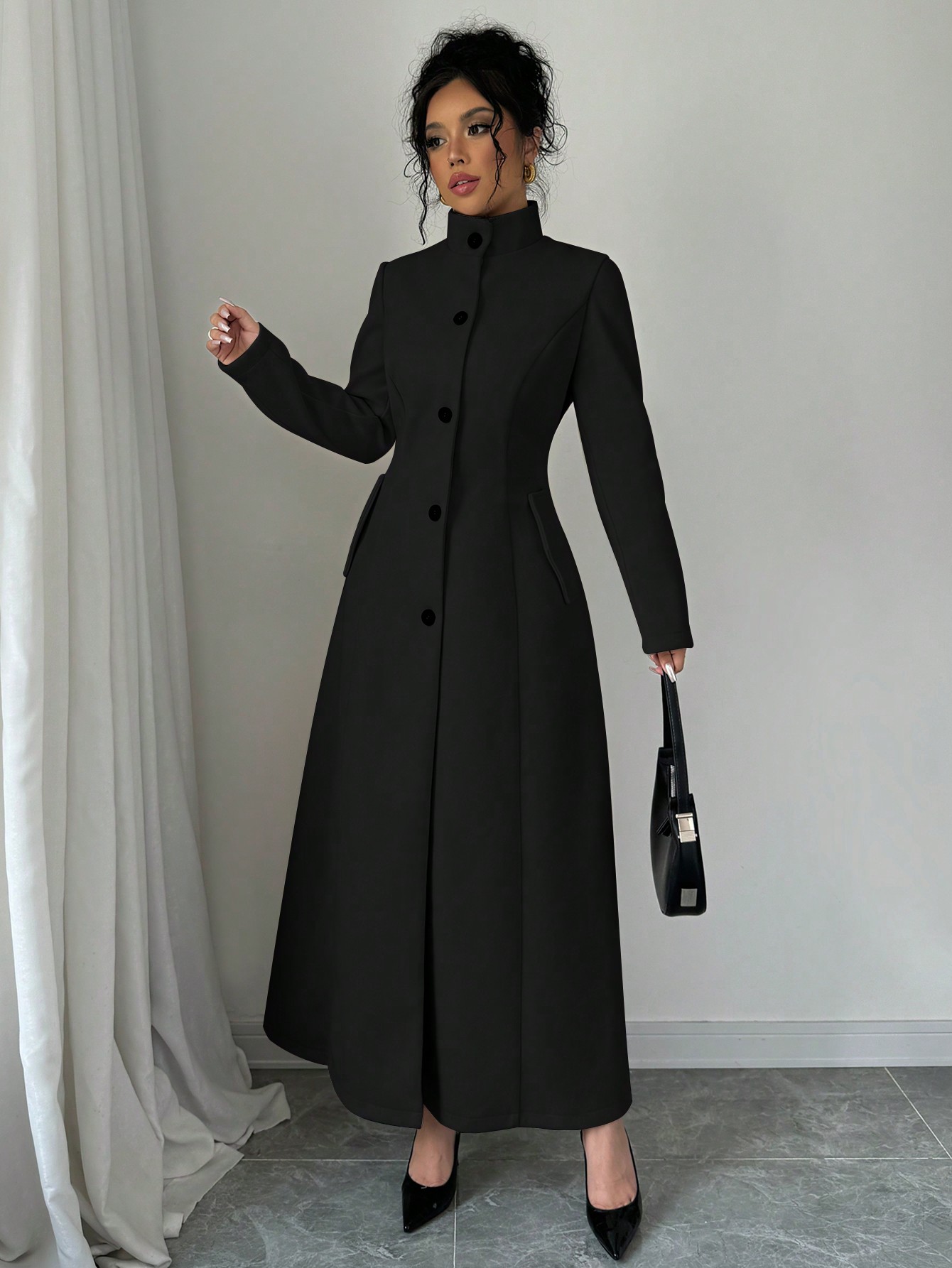 Elenzga معطف طويل أنيق بأكمام طويلة بياقة عالية وأ...