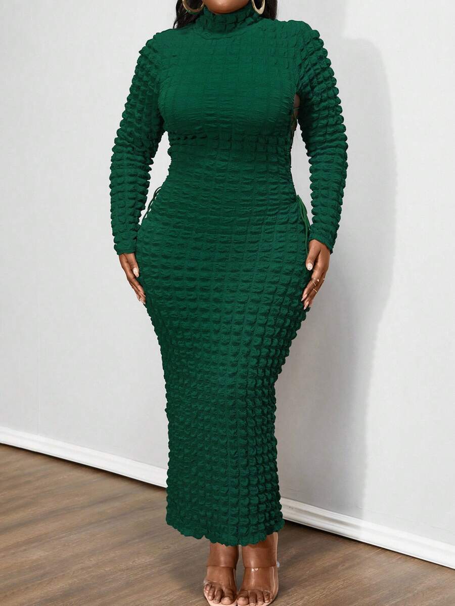 Maweii Plus Size Women Long Sleeve Bodycon Dress, High Collar With Drawstring Hollow Out Ruched Midi Dress Maxi Women Outfit - Dark Green - View 1