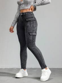 SHEIN ICON 女士休闲紧身弹力七分牛仔裤，黑色 - 黑色 - 查看 3