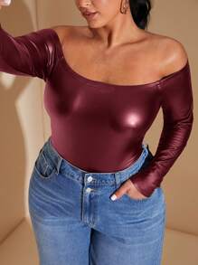 SHEIN BAE 大码女式优雅性感露肩紧身衣，舒适 PU 皮革长袖，适合约会、万圣节派对、夜店穿着，百搭 - 酒紅色 - 查看 3