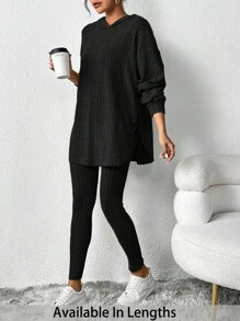 SHEIN Tall CURVE 纯色罗纹长袖连帽 T 恤和紧身裤两件套 - 黑色 - 查看 6