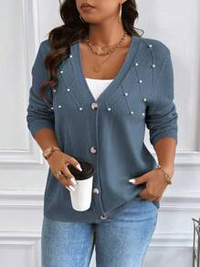 Vionelle Plus Size Bubble Knit Texture Cardigan, Suitable For Spring And Autumn, For Winter Fall Cloth For Women - Dusty Blue - View 3