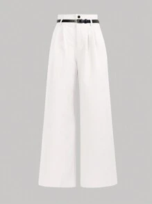 SHEIN Clasi 女式纯色前扣简约休闲高腰裤配腰带 - 白色 - 查看 1