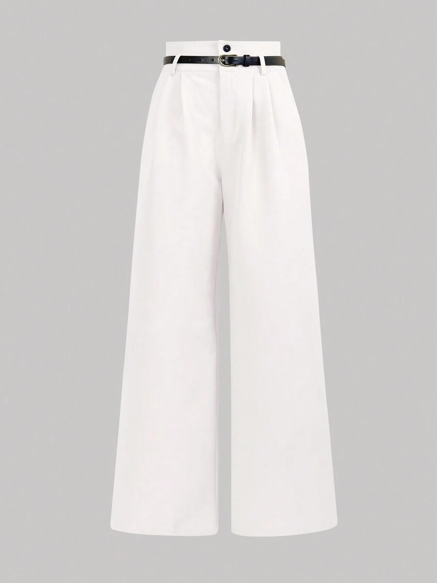 SHEIN Clasi 女式纯色前扣简约休闲高腰裤配腰带 - 白色 - 查看 1