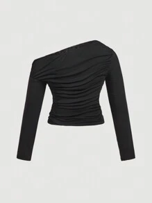 SHEIN MOD Plus Size Vintage Sweet Romantic Pleated Decor T-Shirt - Black - View 2