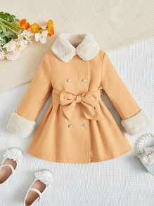 SHEIN Young Girl's Reversible Mix Fluffy Collar And Belt Jacket - Khaki - View 1