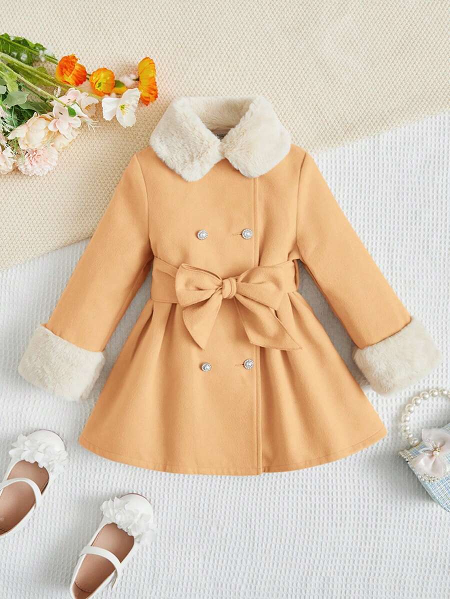 SHEIN Young Girl's Reversible Mix Fluffy Collar And Belt Jacket - Khaki - View 1