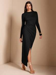 SHEIN BAE 女士纯色棕色/咖啡色不对称褶皱长袖高开衩加厚针织连衣裙，适合鸡尾酒会、浪漫约会、冬季分层穿着、派对、正式活动、伴娘礼服、夜间外出、万圣节、圣诞节