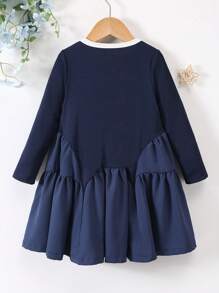 Young Girl Plain Color Patchwork Round Neck Long Sleeve Pleated Simple Casual Dress - Blue - View 2