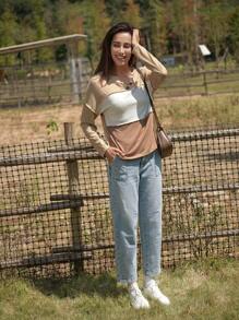 LanaWest Women's Fashionable Casual Long Sleeve T-Shirt For Autumn/Winter, Round Neck With Oblique Shoulder Design, Color Blocking And Contrast Stitching Details In White, Coffee And Apricot Color Fall Cloth For Women - Multicolor - View 6