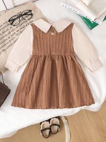 SHEIN Babygirl Lente & Herfst Casual Minimalistische Academie Stijl Kleine Kabel Brei Khaki Licht Roze Stoffen Top Met Elastische Taille Losse Rok, Buitenjurk