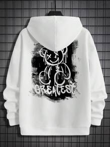 Manfinity Homme White Knit Men's Letter & Bear Print Hooded Long Sleeve Sweatshirt