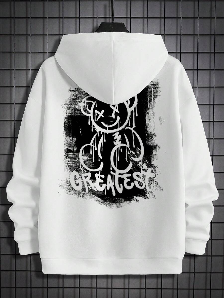 Manfinity Homme White Knit Men's Letter & Bear Print Hooded Long Sleeve Sweatshirt